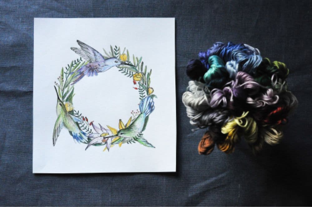 a sketch of an embroidery design with a selection of embroidery threads