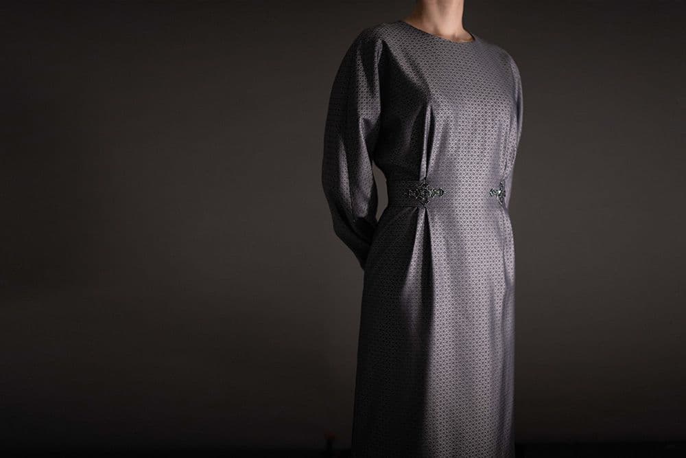an embroidered dress fitted on a model