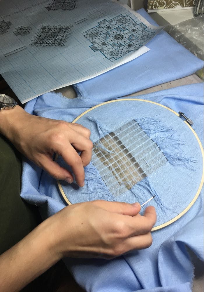 pulled-thread embroidery in the process of making