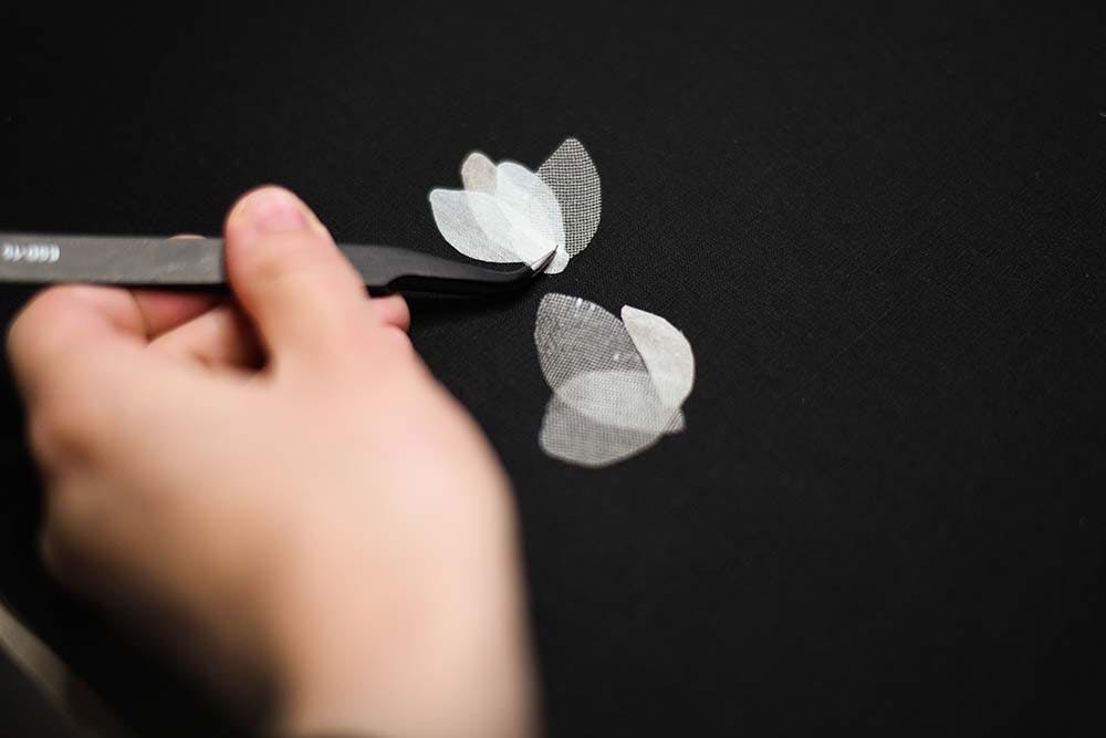 silk petals ready to be stitched on canvas