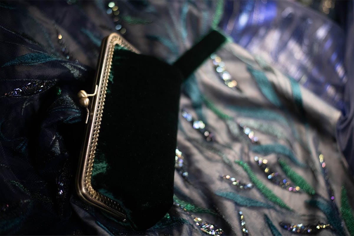 the velvet purse laying on the embroidered dress